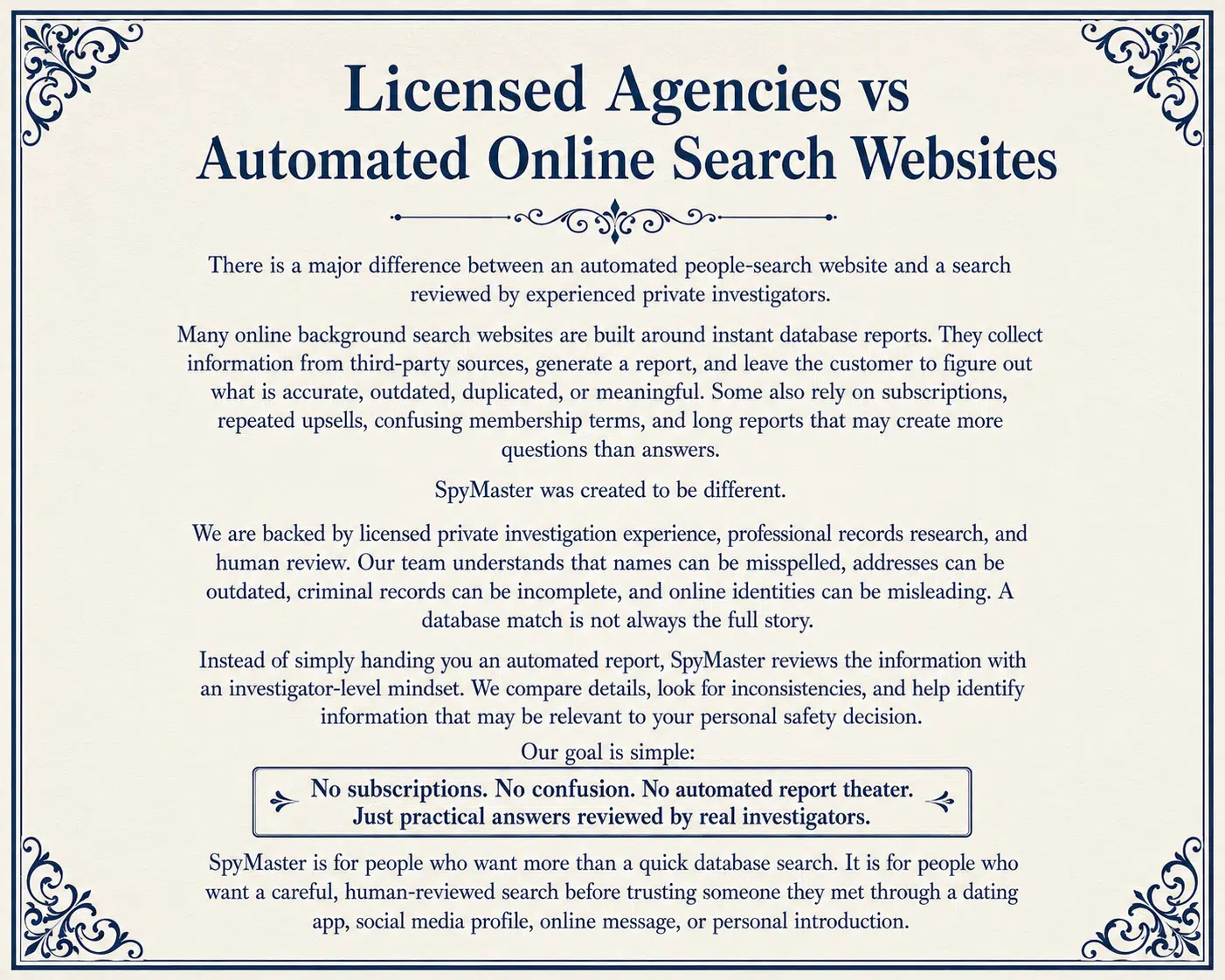 Licensed private investigators versus automated online search websites