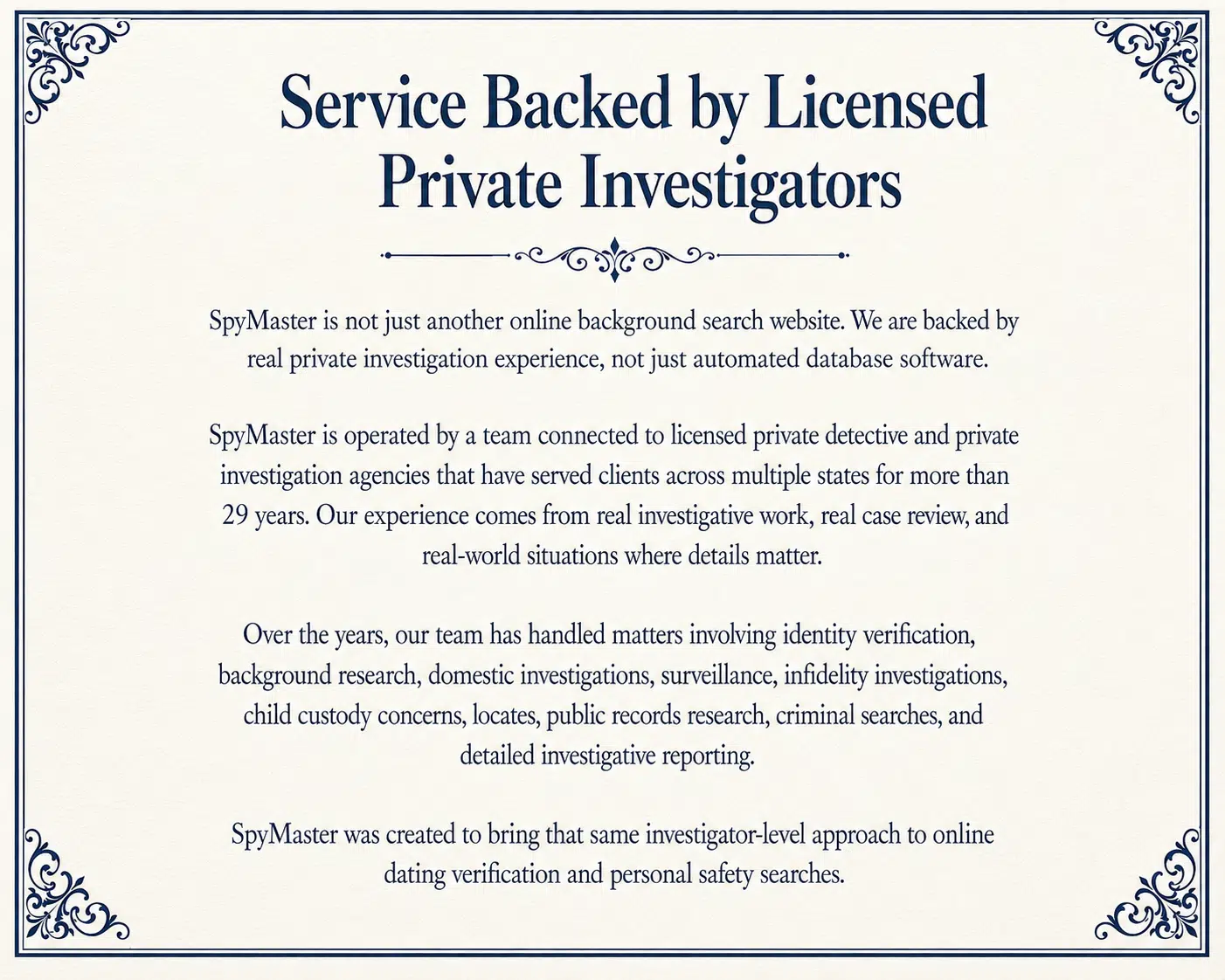 SpyMaster service backed by licensed private investigators