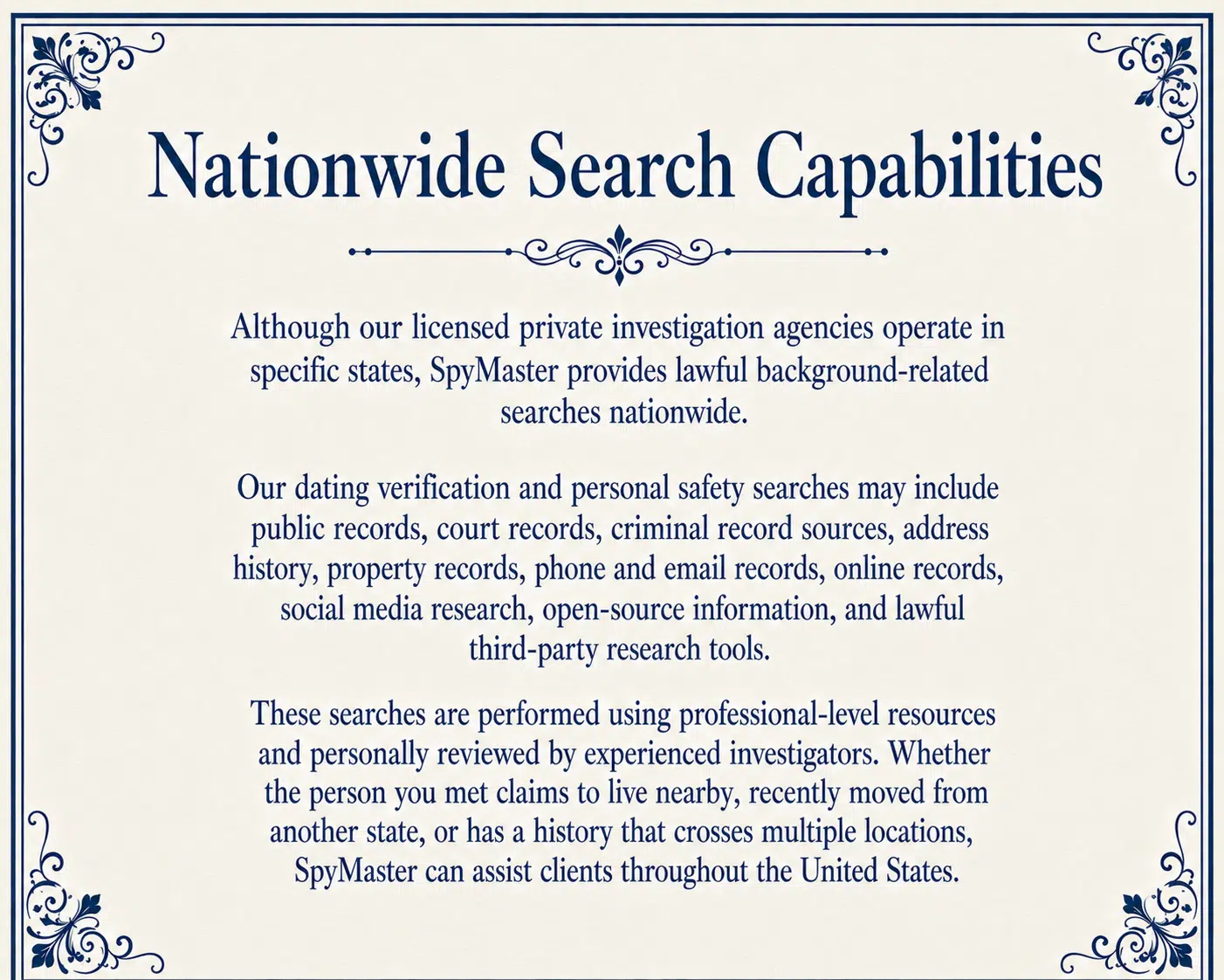 Nationwide background search capability for online dating verification